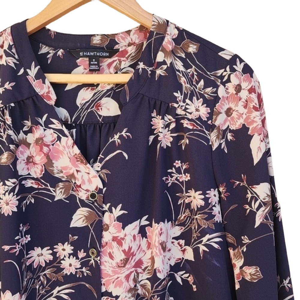 41 HAWTHORN ANTHRO Cristen Shirt Dress MP Navy Floral Button Front Tunic Dress - Picture 8 of 16
